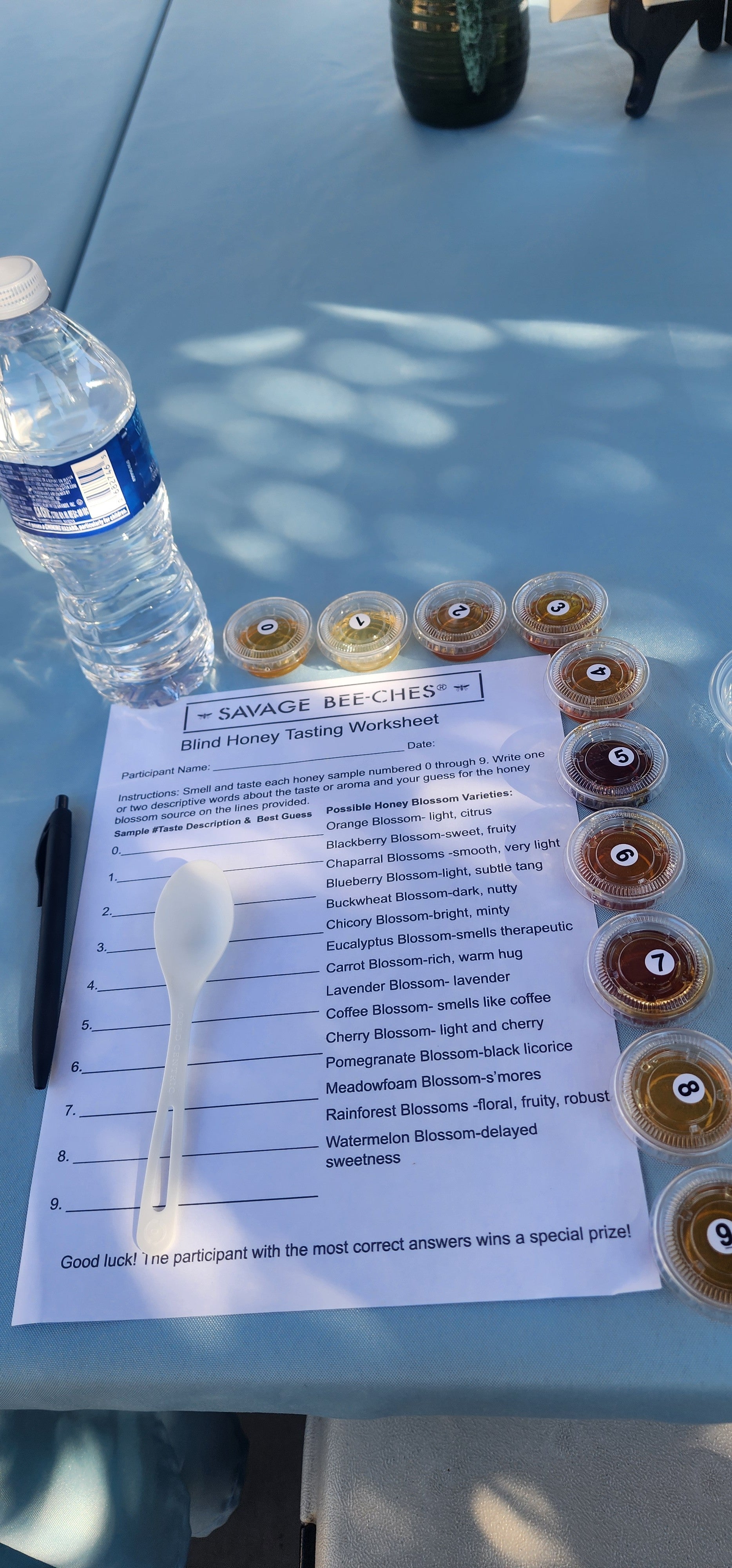 Blind honey tasting workshop kit setup on the table