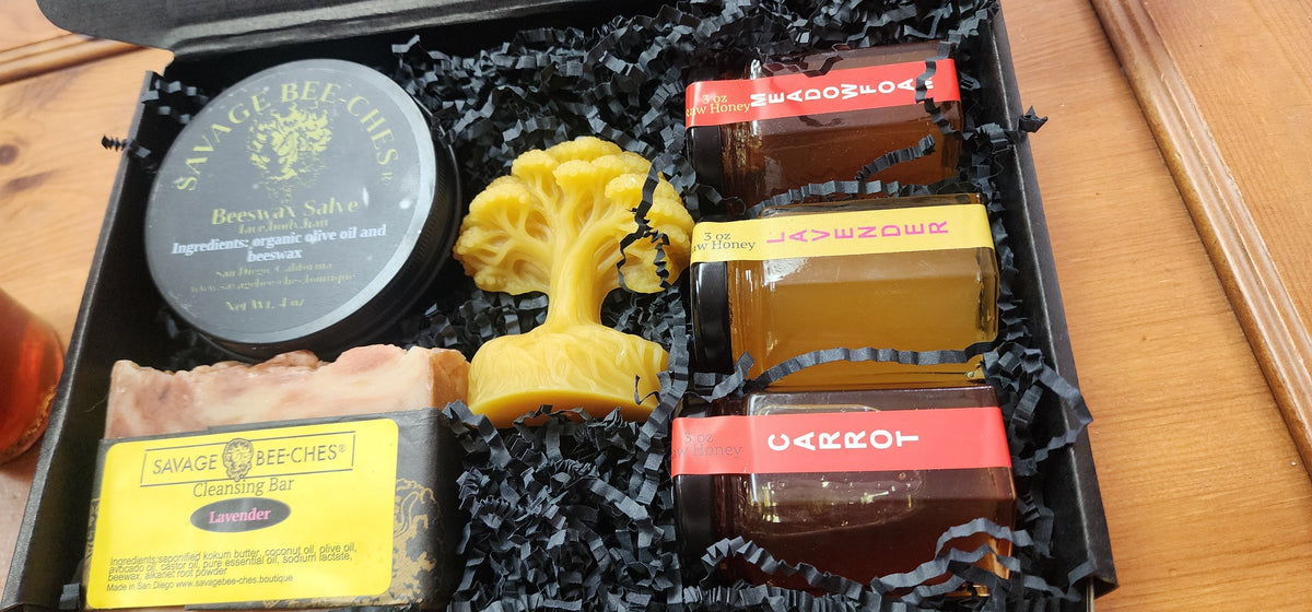 Custom honey gift collection with beeswax products from SAVAGE BEE-CHES®