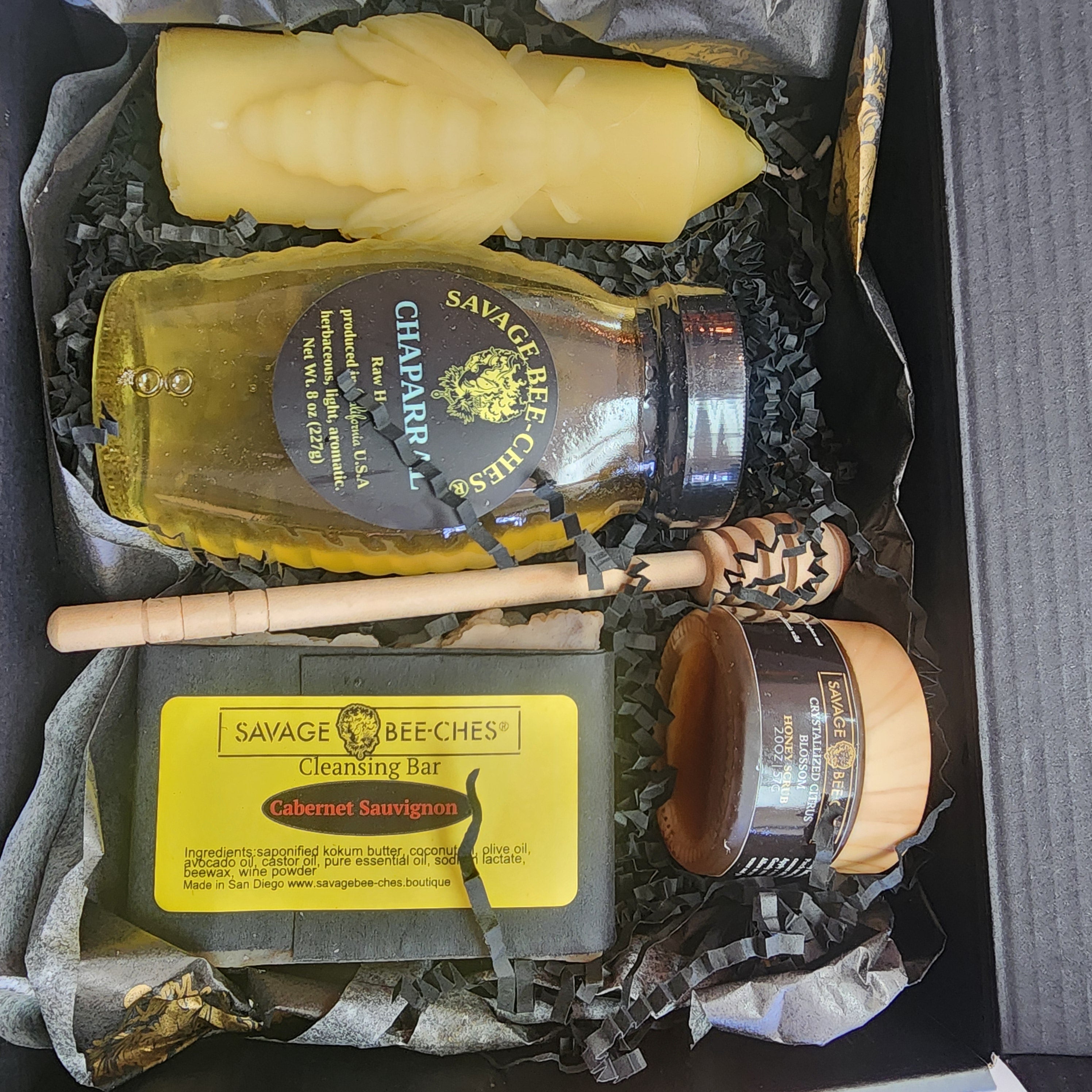 Custom honey, beeswax, soap, and salve gift box from SAVAGE BEE-CHES