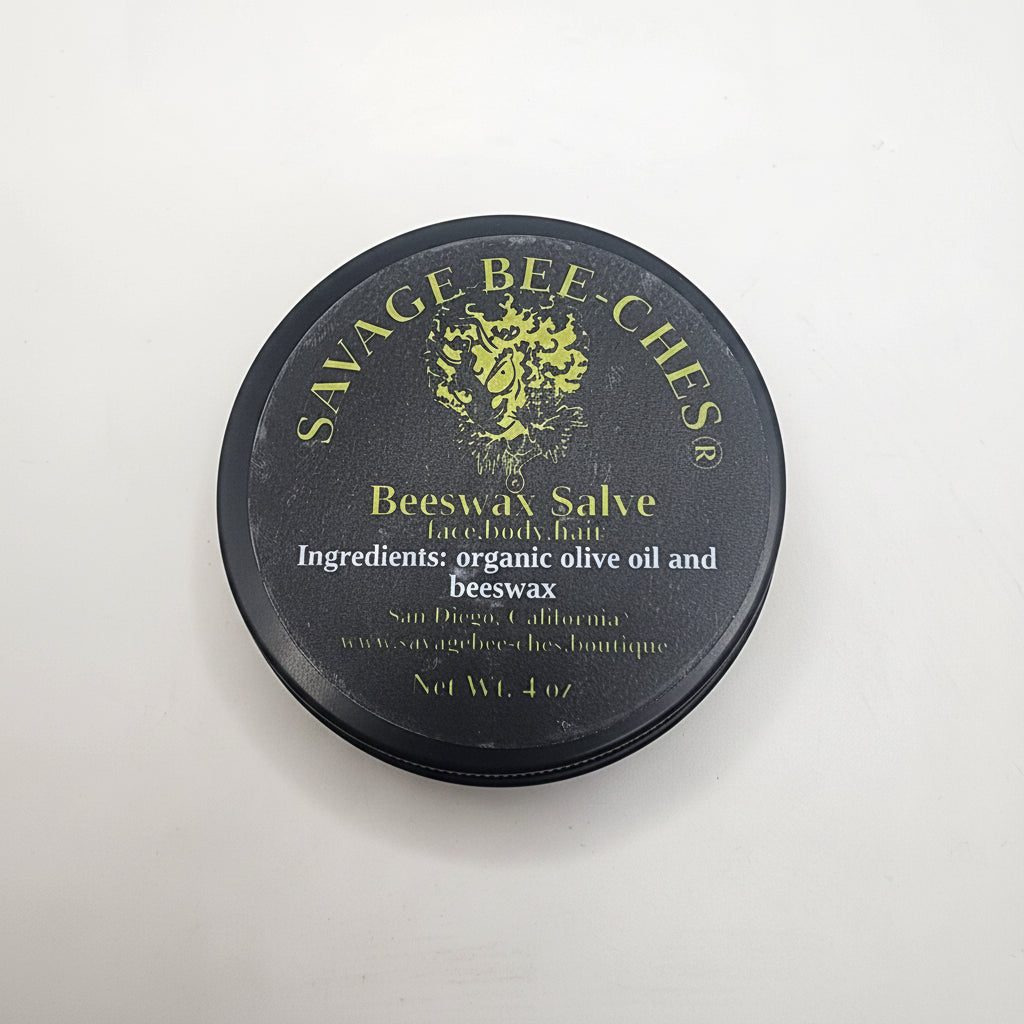Plain and Simple beeswax salve in a small black tin